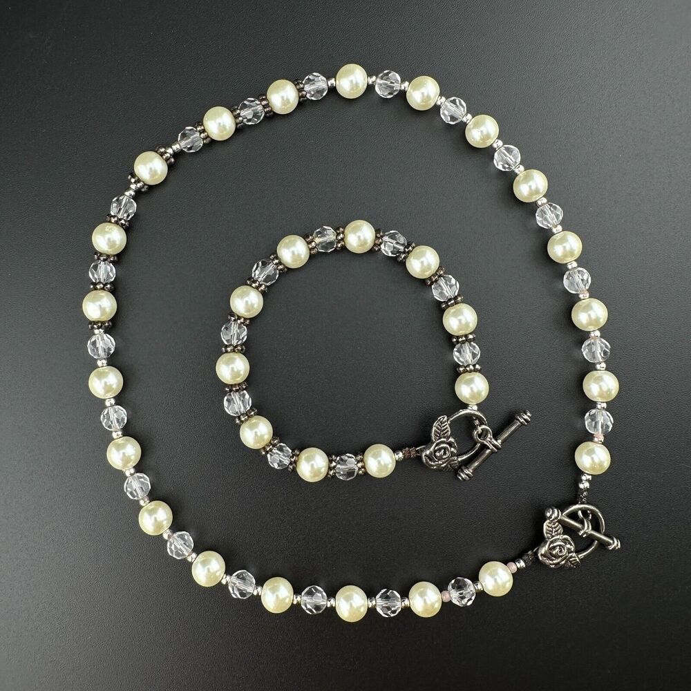 Set Faux Pearl Crystal Silver-tone Rose Toggle Necklace 16" Bracelet 7.5"